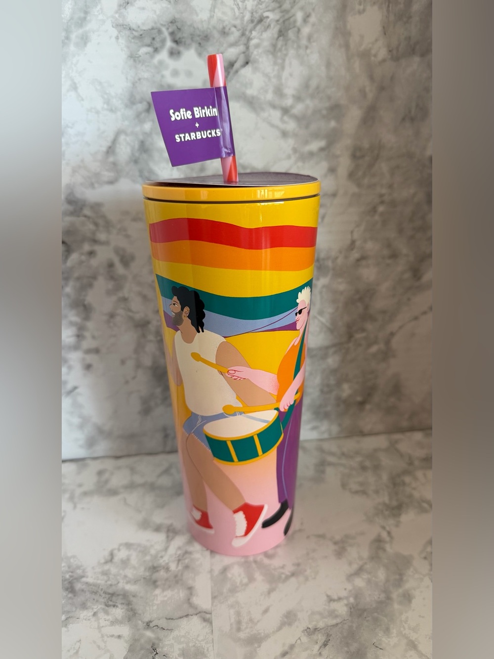 Starbucks Yellow Pride Parade Tumbler with Purple Lid and Pink Base - Picture 3 of 6